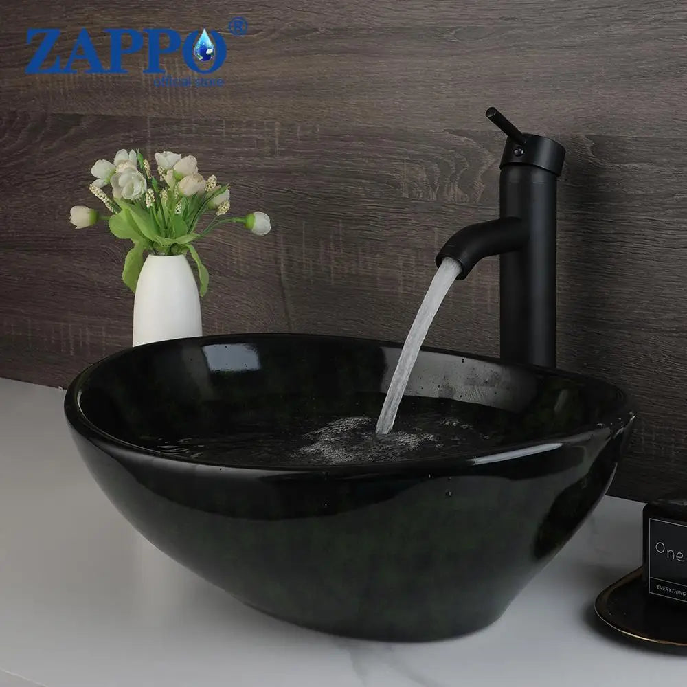 ZAPPO Marbling Rectangle Vessel Sink With Faucet Drain