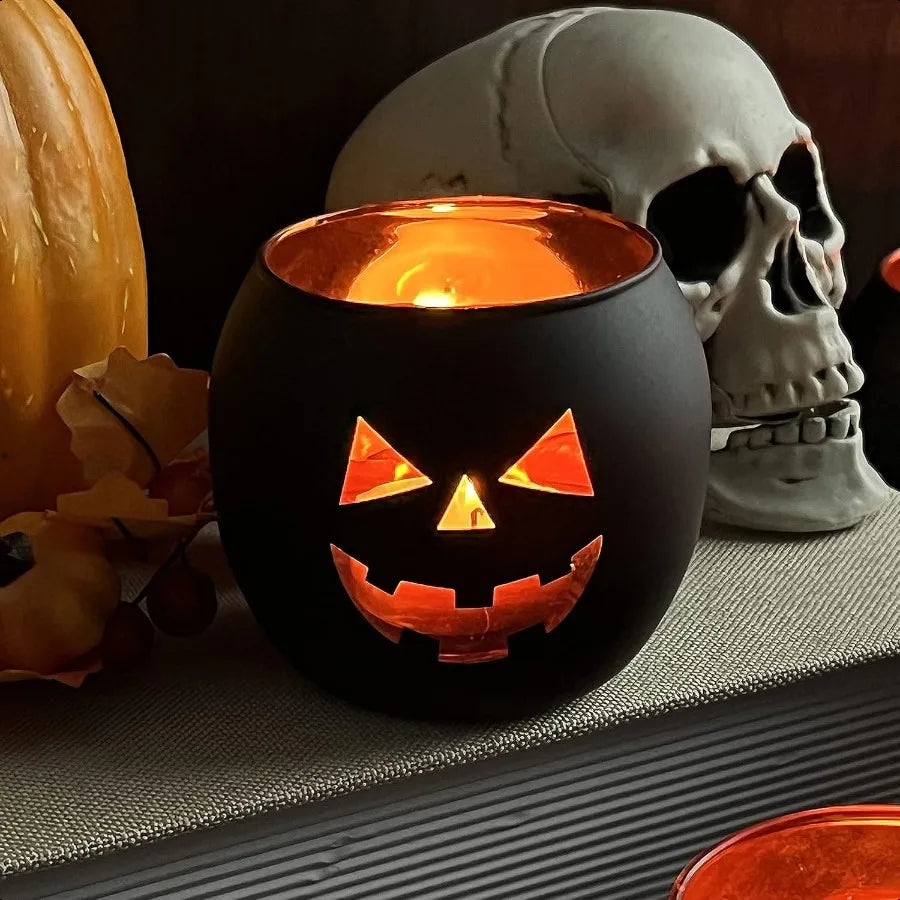 Halloween 6 Black Jack O Lanterns Tealight Candle Holders