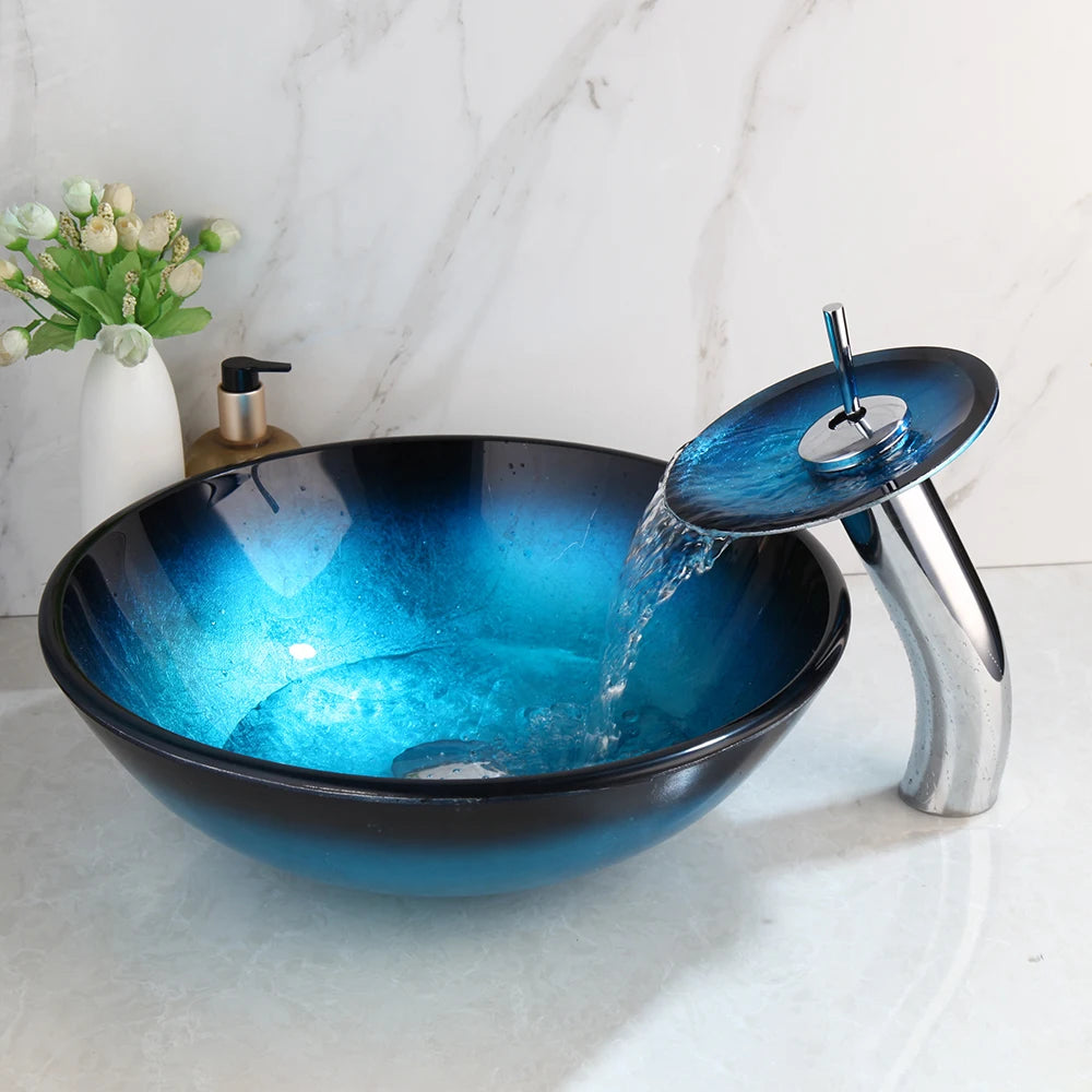 ZAPPO Tempered Glass Vessel Sink With Waterfall Faucet Blue