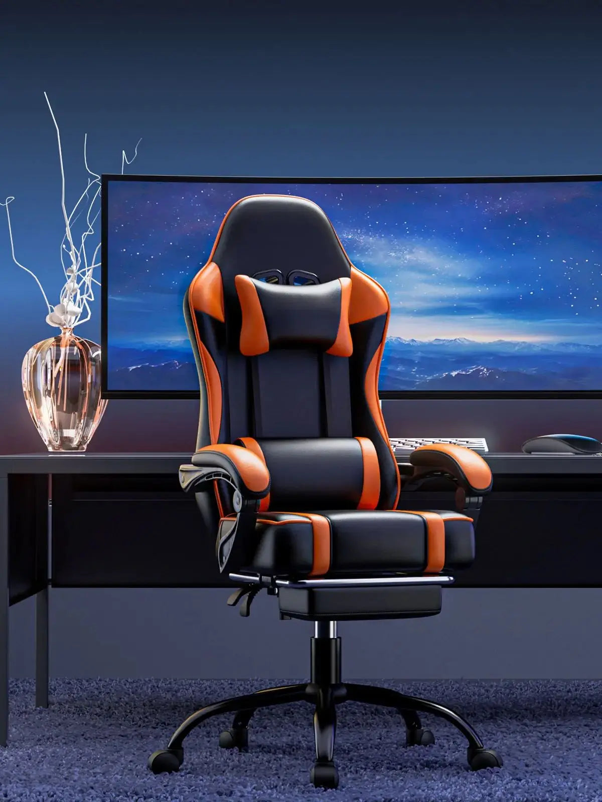 Gaming Chair With Footrest PU Leather Reclining Chair