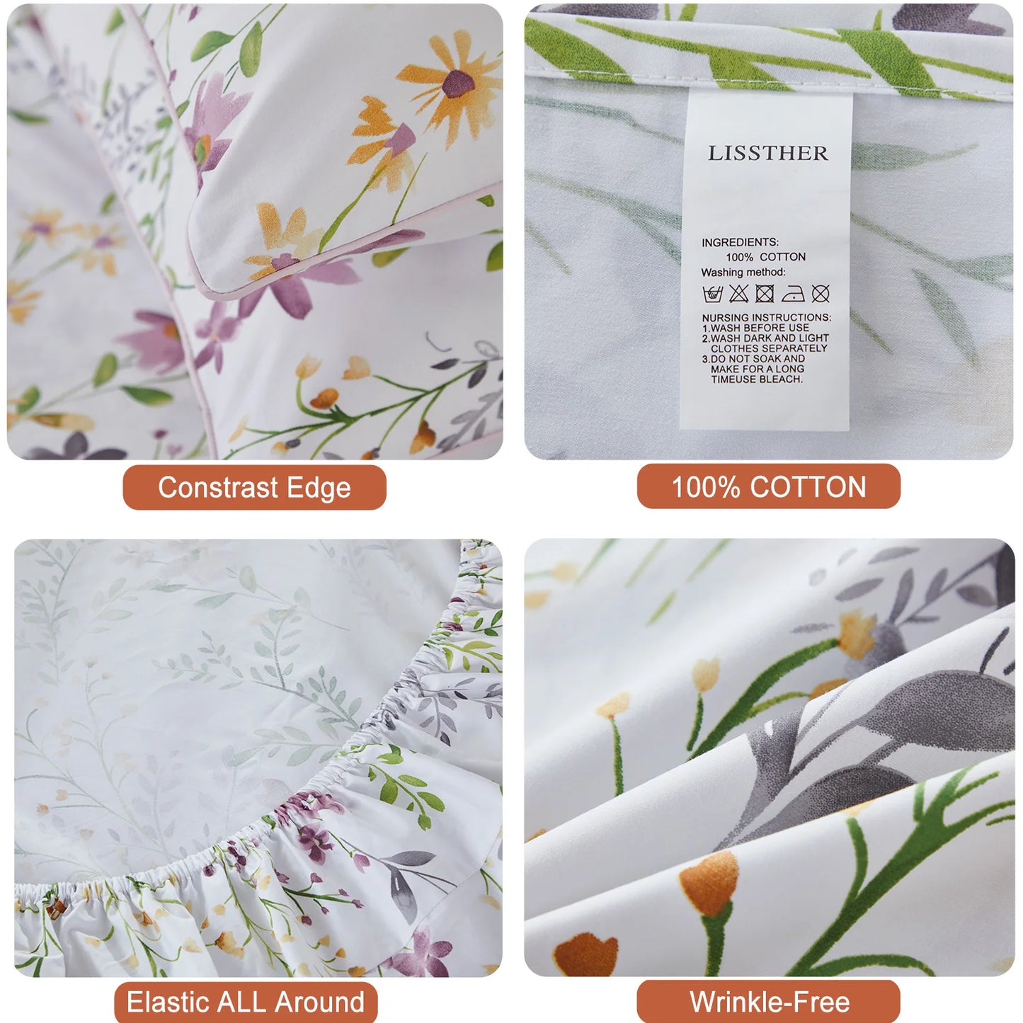 4 Piece 600 TC 100 Percent Egyptian Cotton Fitted Sheet Set Fresh Pink Botanical Pattern Soft and Skin Friendly