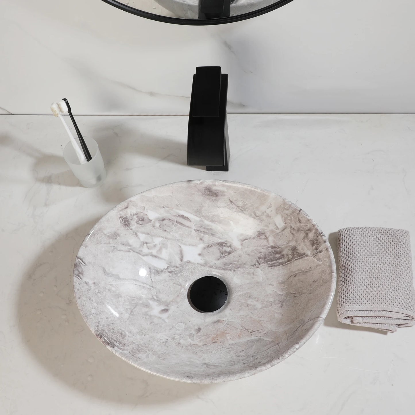ZAPPO Marbling Rectangle Vessel Sink With Faucet Drain