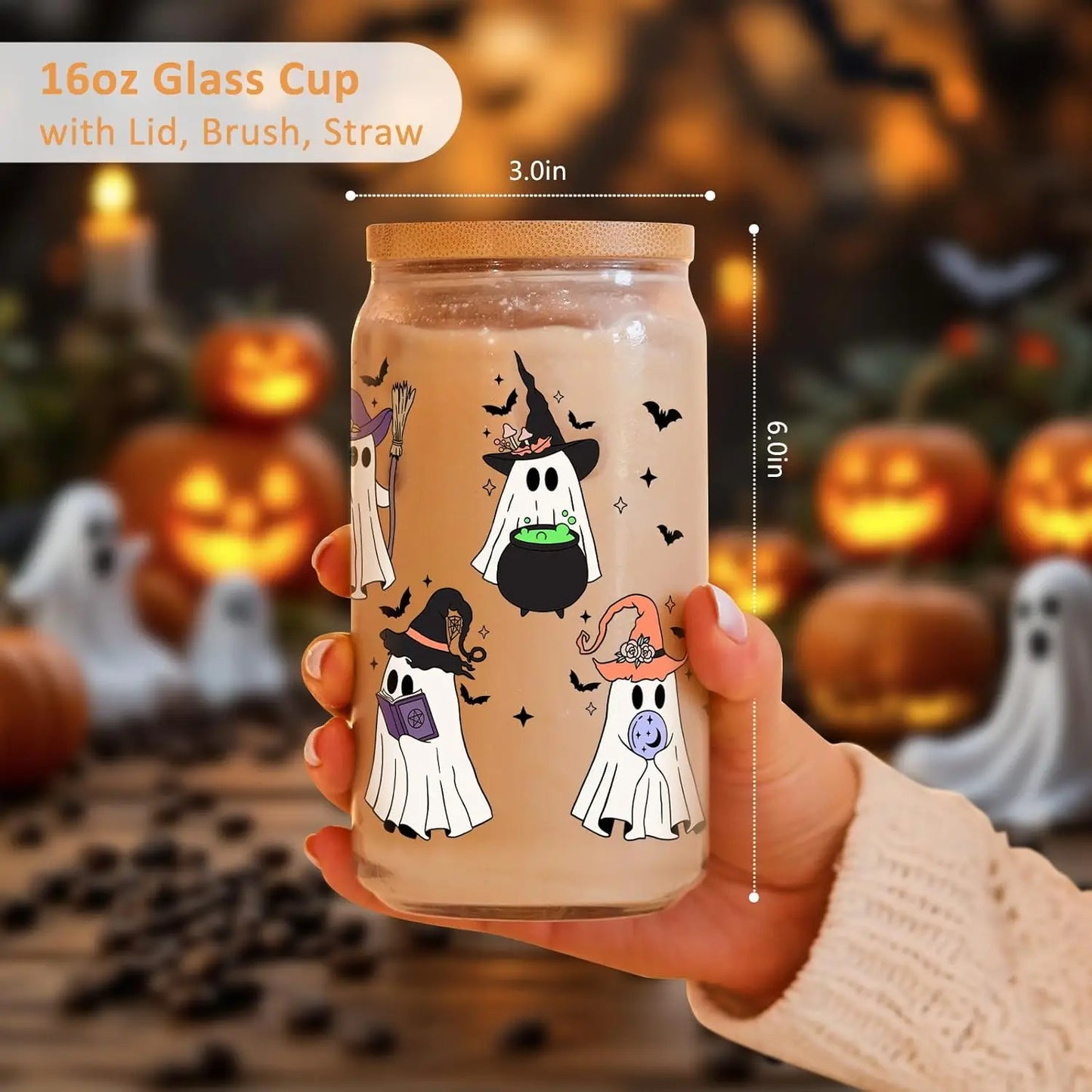 Witch Ghost Halloween Cup 16 Oz Glass Tumbler With Lids