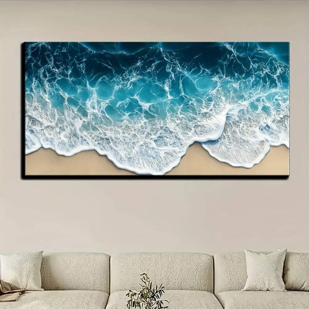 Blue Wave Texture Print Painting Modern Art Oil Painting Interior Decoration 1.5 Inch Thick Pine Solid Wood Frame