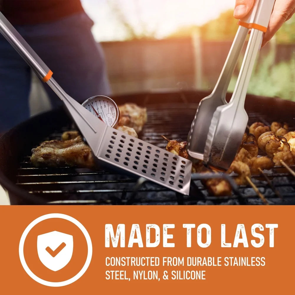 Stainless Steel BBQ Tool Set with Rotating Stand Drip Tray Spatula Tongs Fork Brush Portable Grill Kit