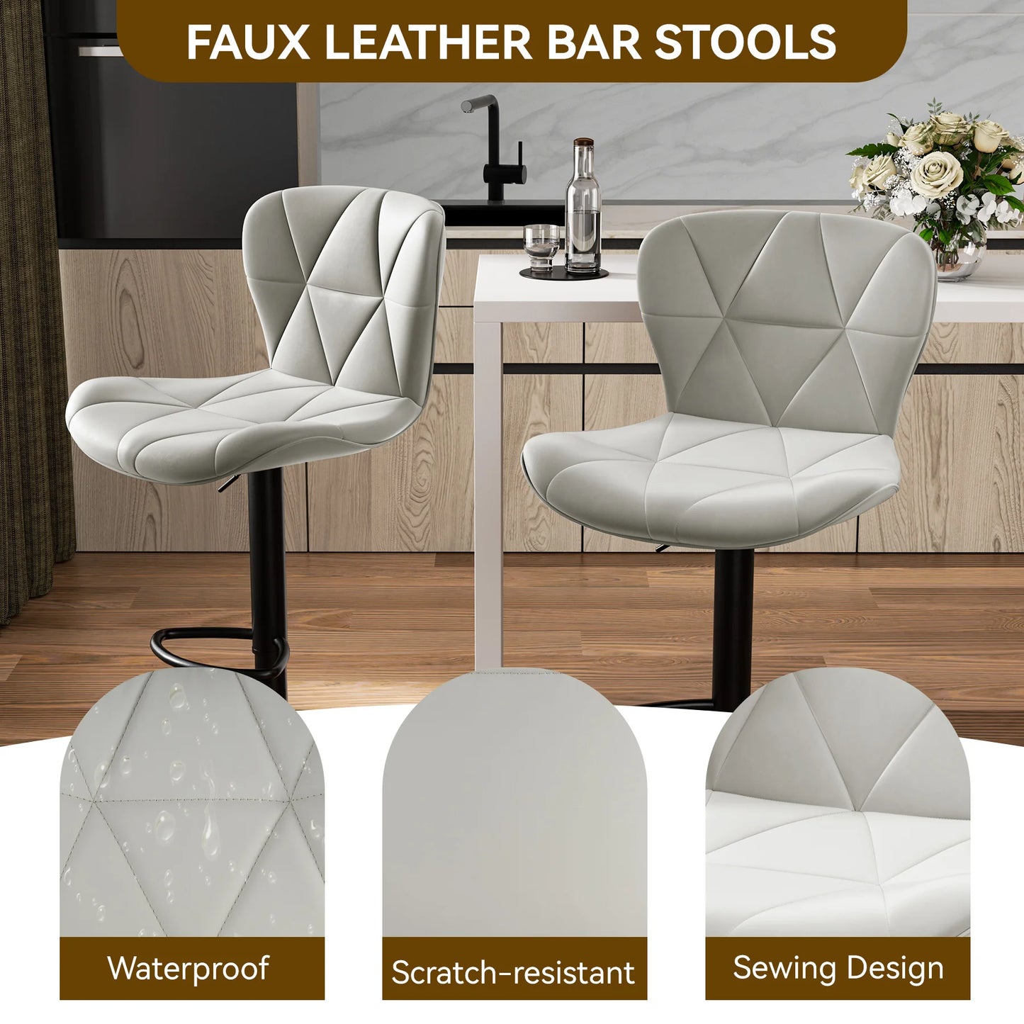 2 Pcs Bar Chair 360 Degree Rotation Faux Leather Backrest