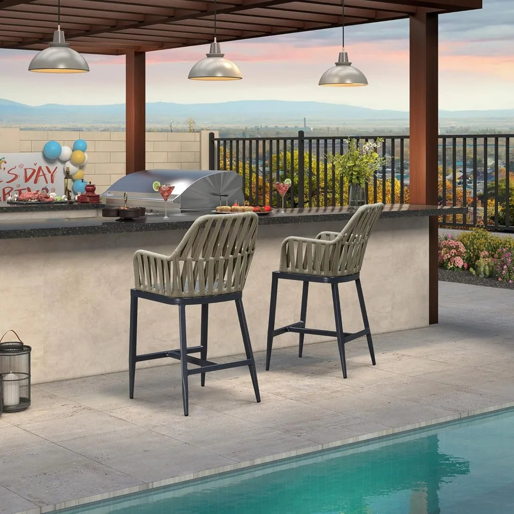 Outdoor Counter Height Bar Stool Set of 2 Backrest Dark