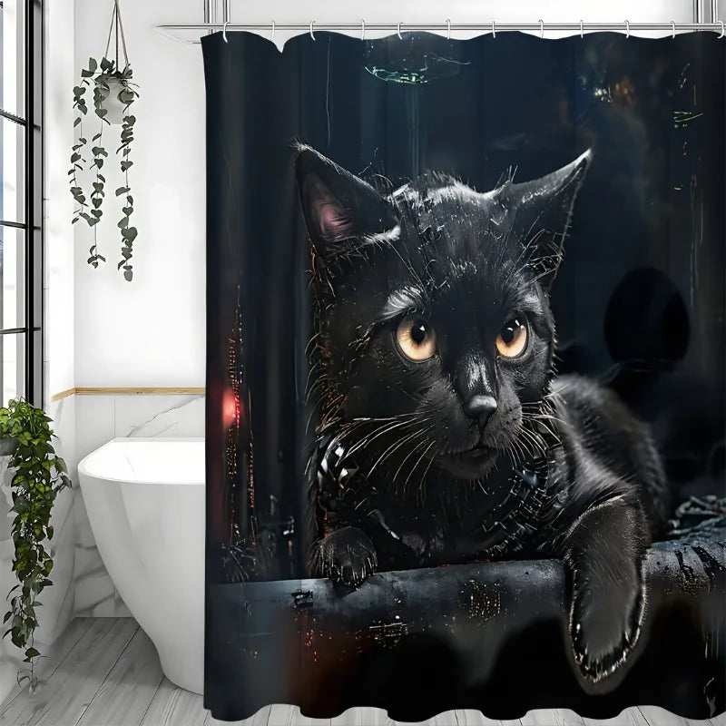 Cute Cat Shower Curtain Waterproof With 12 Hooks Bath Decor