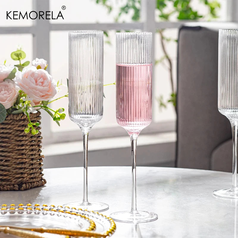 4 Piece Striped Transparent Goblet Glasses For Champagne