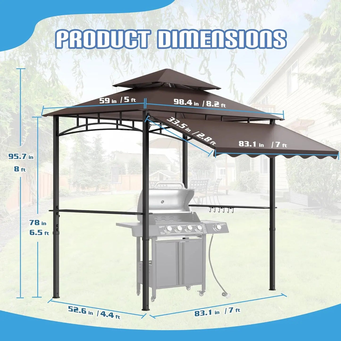 8x8x5 Ft BBQ Gazebo Double Tier Patio Canopy Tent With Side Awning Shelves