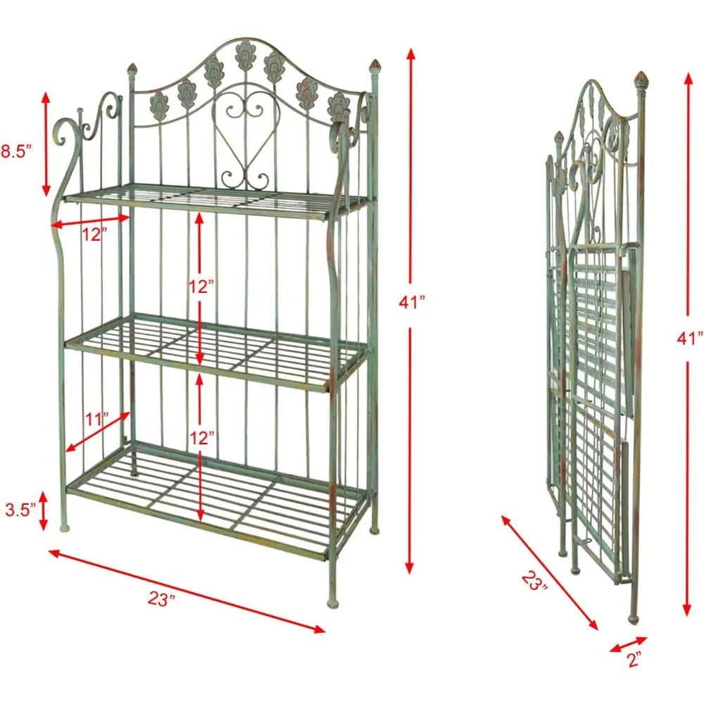 Zuiyu Pre-Assembled Folding Metal Shelf Plant Stand Shelving Unit Bookcase Outdoor Bakers Rack Scrolling Heart Peacock Tail Motif