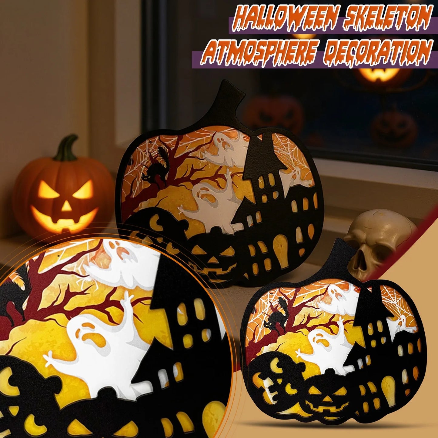 Halloween Pumpkin Wooden Ornament 3D Hollow Decoration for American Holiday Party
