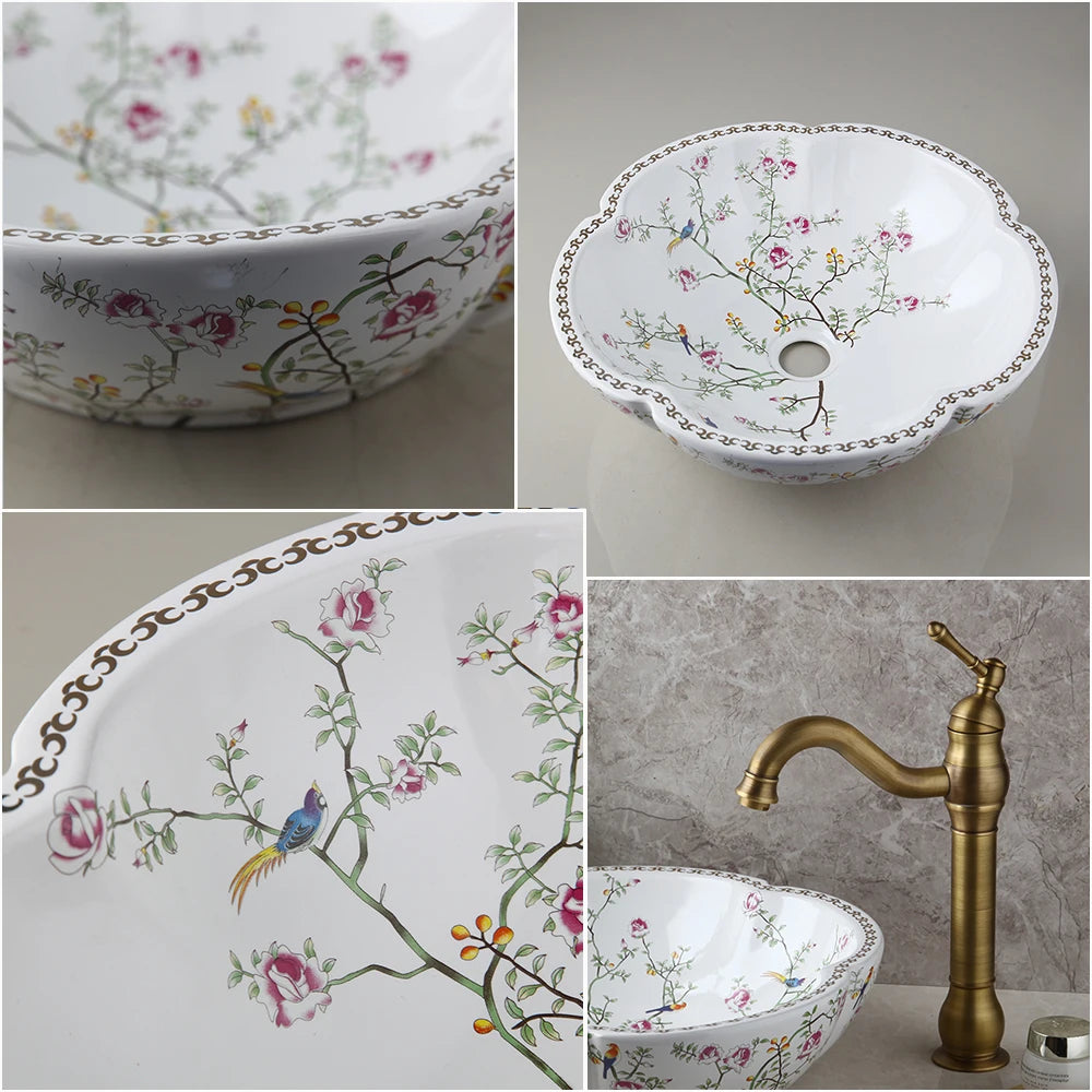Jieni Art Ceramic Basin Set Blossoms Spring Brass Tap