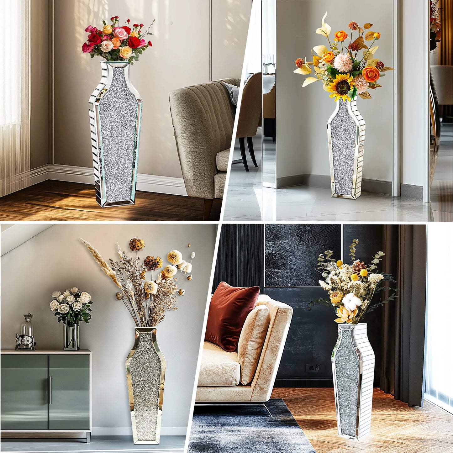 Tall Flower Vase Crushed Diamond Mirrored Floor Home Decor Vase
