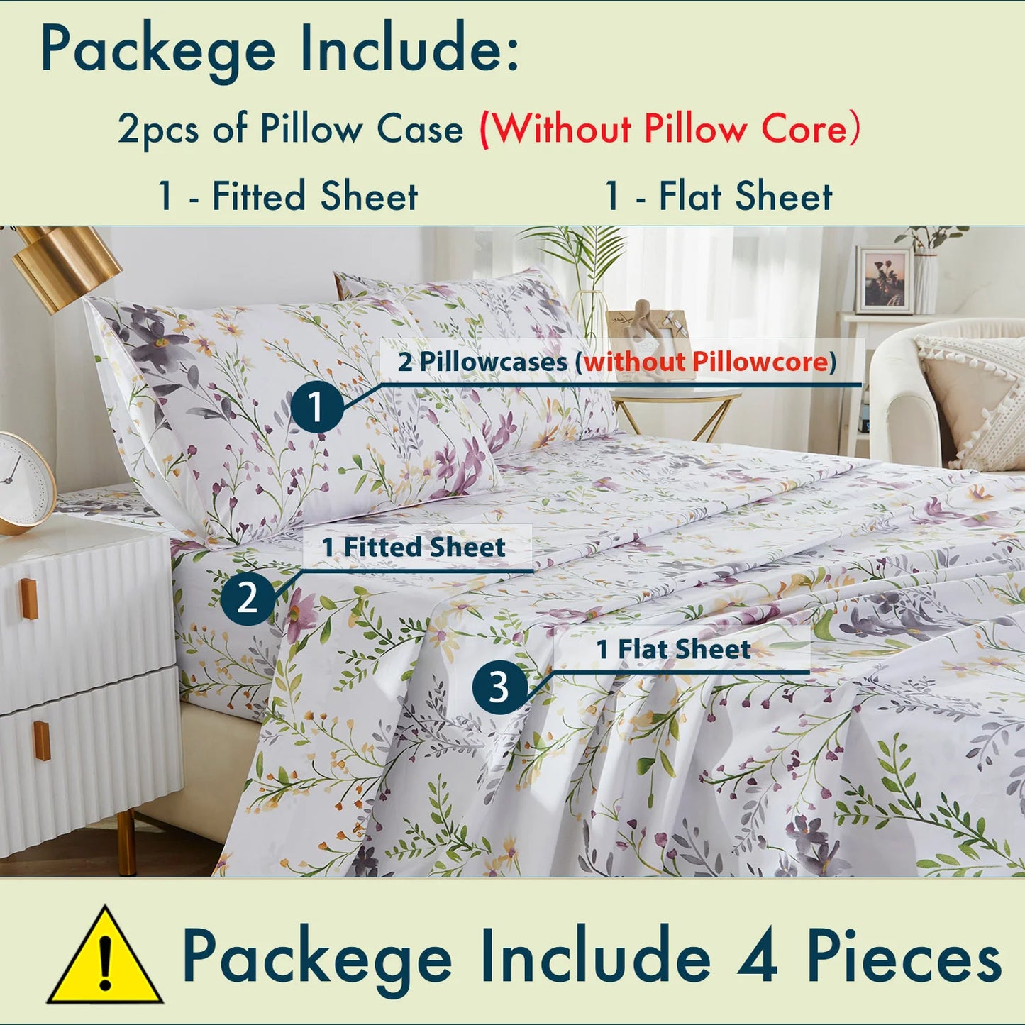 4 Piece 600 TC 100 Percent Egyptian Cotton Fitted Sheet Set Fresh Pink Botanical Pattern Soft and Skin Friendly