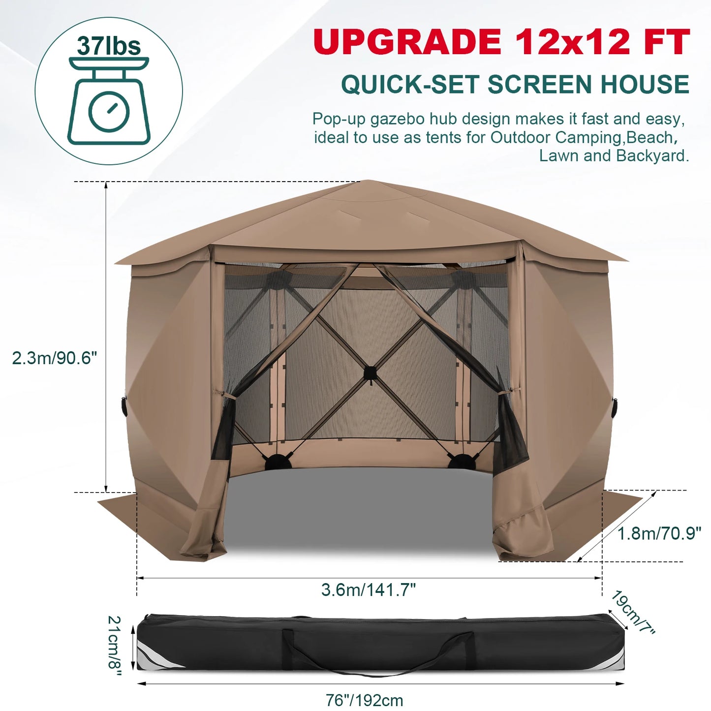 COBIZI Pop Up Gazebo Screen Tent 12x12 Camping Gazebo With Removable Roof Outdoor Screened Gazebo 5 Sidewalls 1800mm 300D Oxford