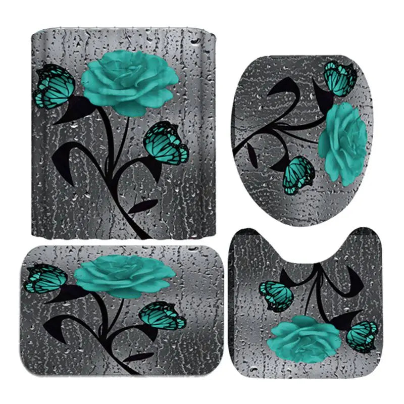 Four Piece Floral Polyester Bathroom Accessory Set Non Slip