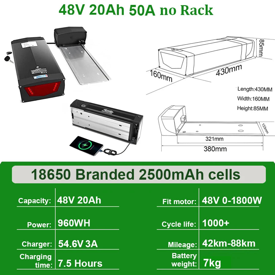 Rear Rack EBike Battery 52V 48V 27Ah 24 28 Inch Optional