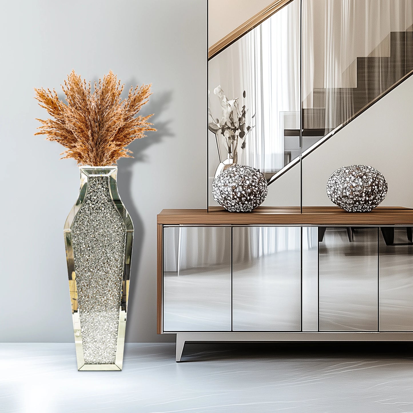 Tall Flower Vase Crushed Diamond Mirrored Floor Home Decor Vase