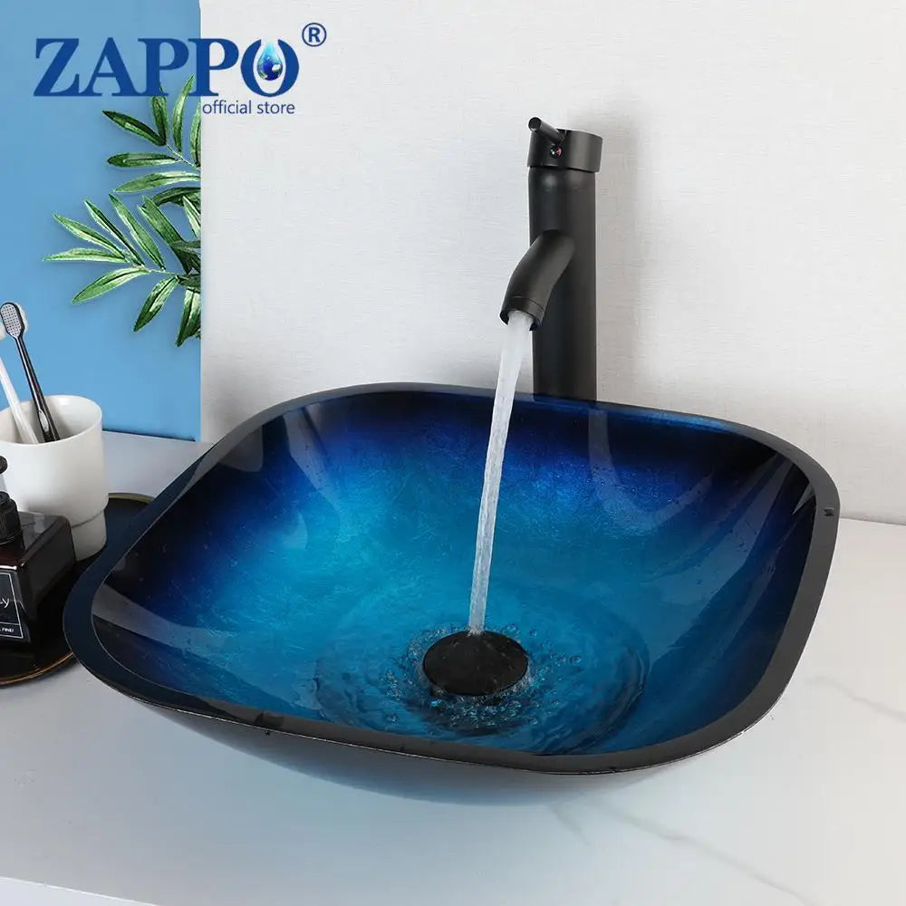 ZAPPO Tempered Glass Vessel Sink With Waterfall Faucet Blue
