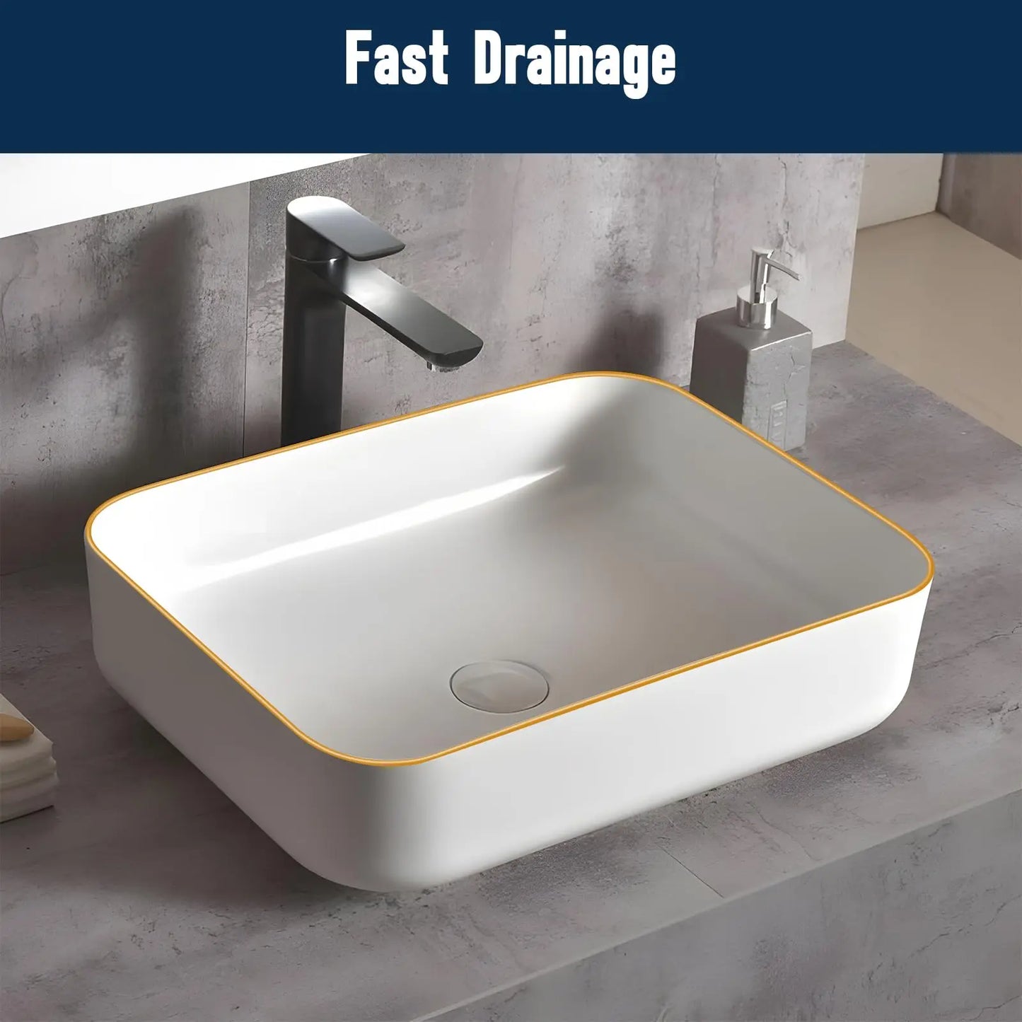 Ceramic Rectangular Sink 20x16 White Gold Rim Vessel
