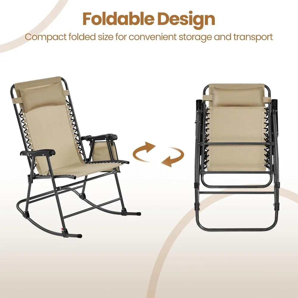 26 Inch Zero Gravity Rocking Chair Folding Reclining Lounge Chair For Outdoor Patio Lawn Beige Alloy Steel Frame Fabric Seat