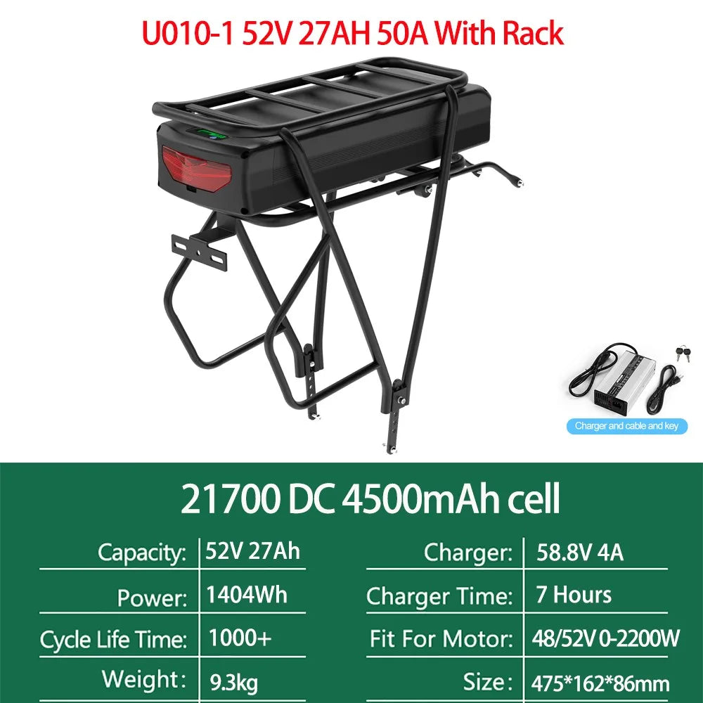 48V Rear Rack Ebike Battery 21700 Lithium Pack Luggage Rack