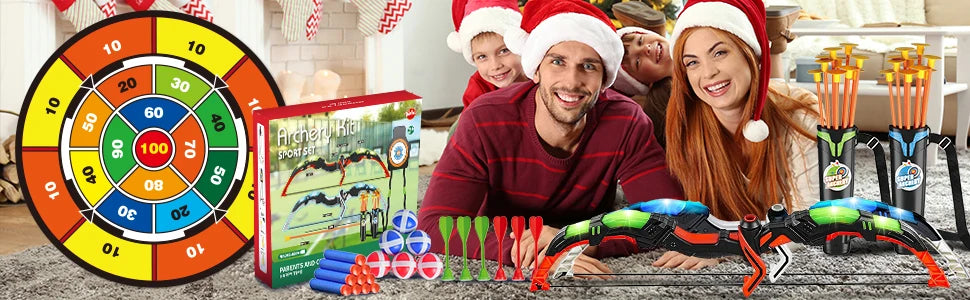 VATOS 2X Bow Arrow Guns Toy for Kids LED Light Up Archery with Suction Cup Stand Target Dart Board Indoor Outdoor Game Toys