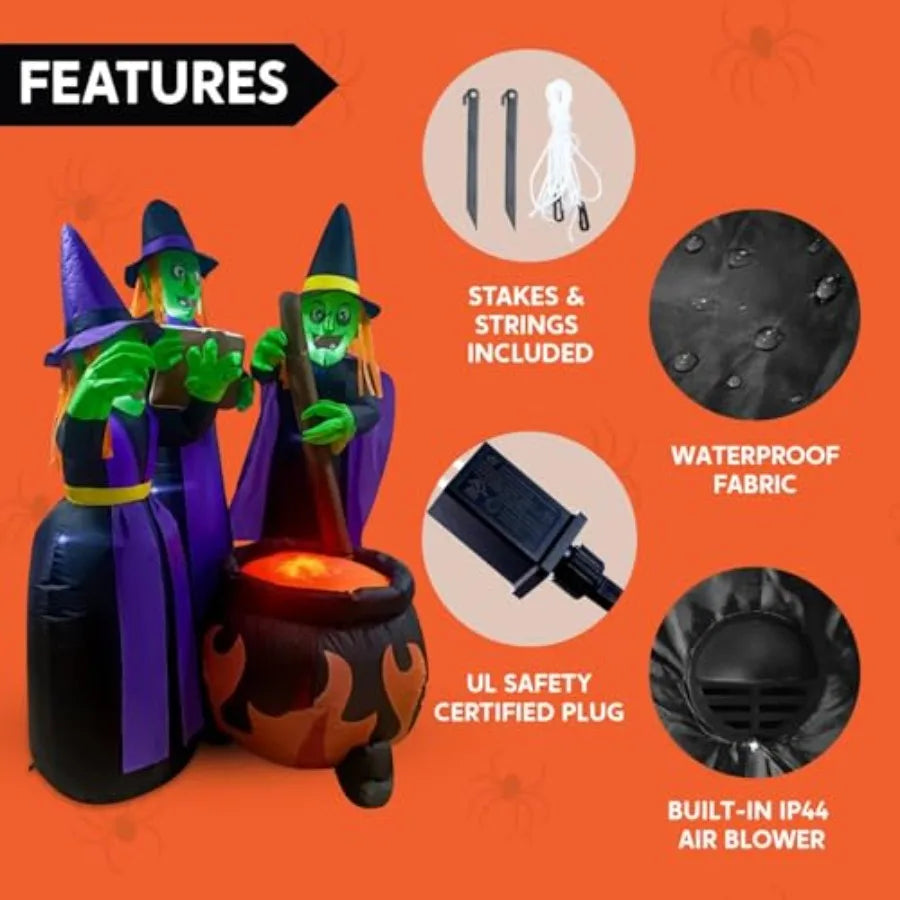 6 Ft Tall Halloween Inflatable Three Witches Cauldron LEDs