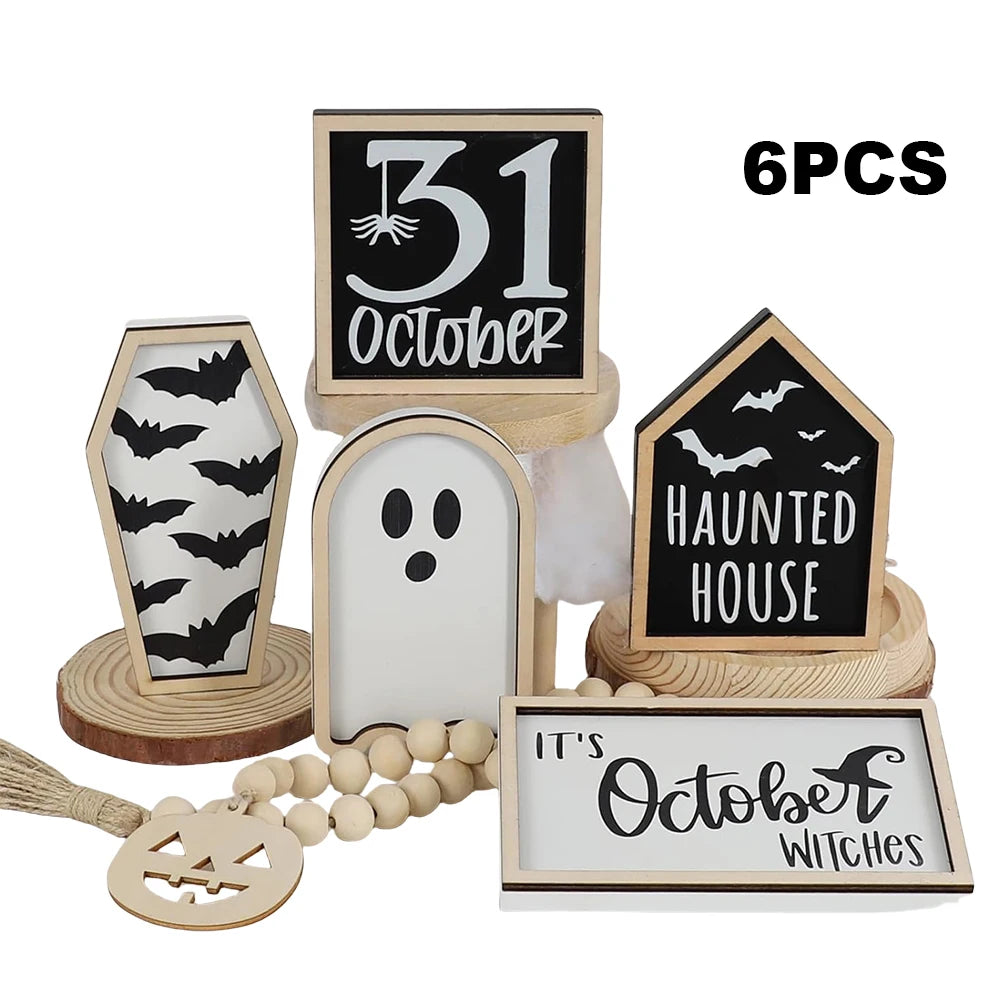 6Pcs Bat Coffin Ghost Wooden Sign Halloween Theme Party Home Decor Tiered Tray Decoration