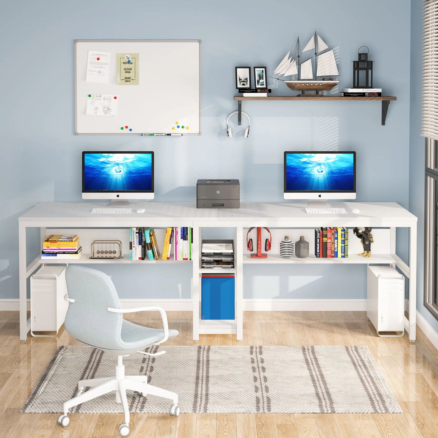 Tribesigns Two Person Desk With Bookshelf Rustic Office