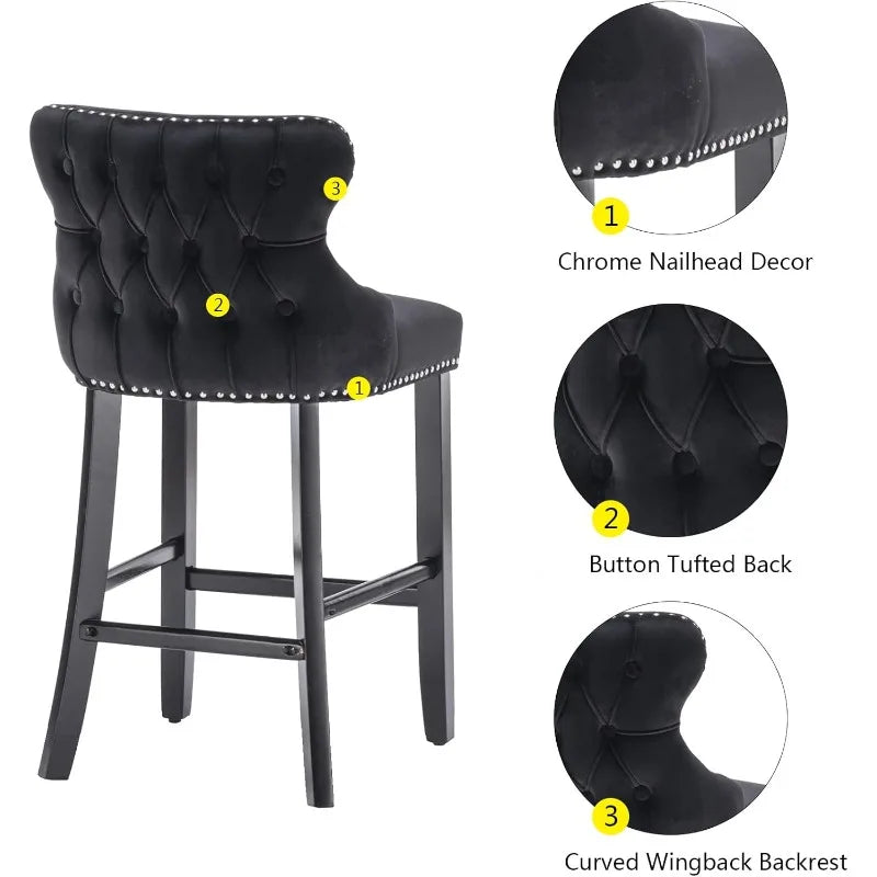 Velvet Wingback Bar Stools Set Of 2 Tufted Counter Height With Wood Legs
