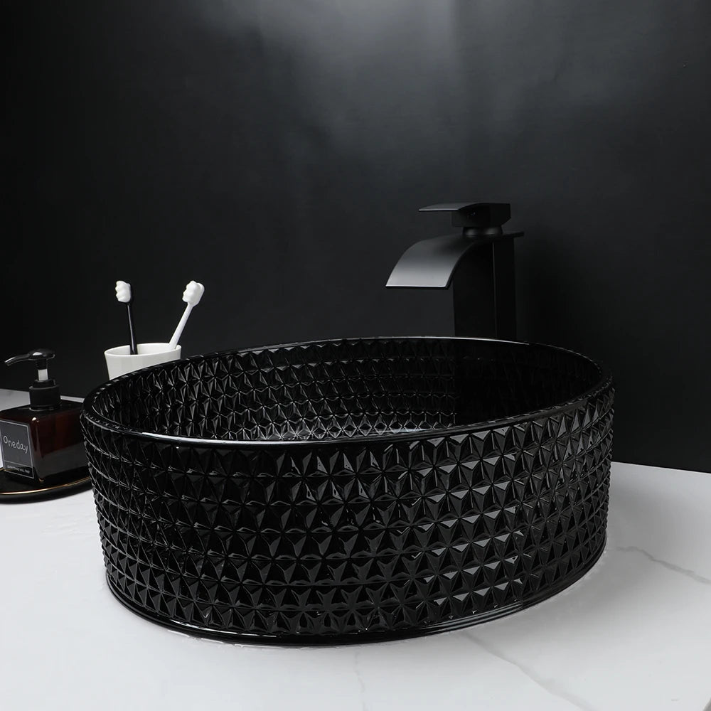 ZAPPO Black Glass Vessel Sink With Deck Mount Faucet