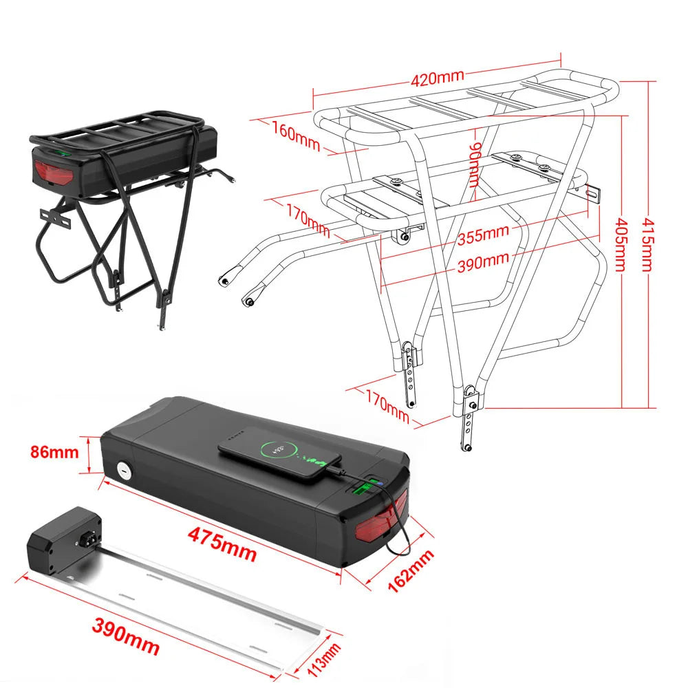 EU Stock Rear Rack Ebike Battery Li Ion 21700 Pack 36V 48V