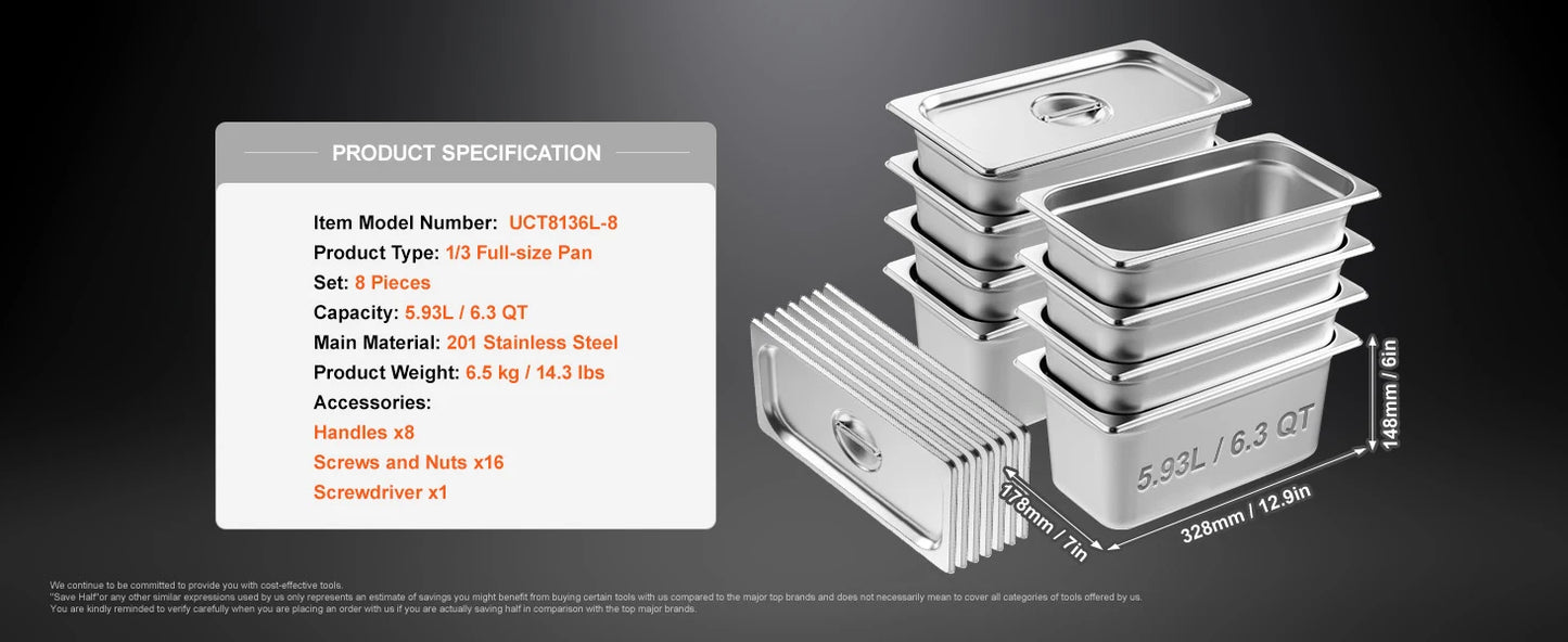 VEVOR 8 Pack Buffet Chafing Dishes 5.93L Stainless Steel Steam Table Pans with Lid 6 Inch Deep Catering Food Pan