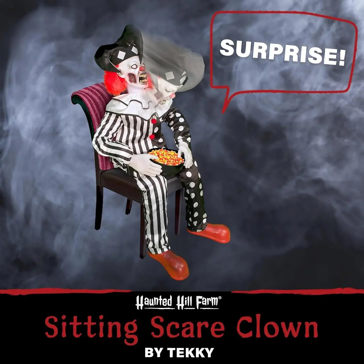 Sitting Scare Clown by Tekky Motion Activated Talking Jump Scare Halloween Animatronic