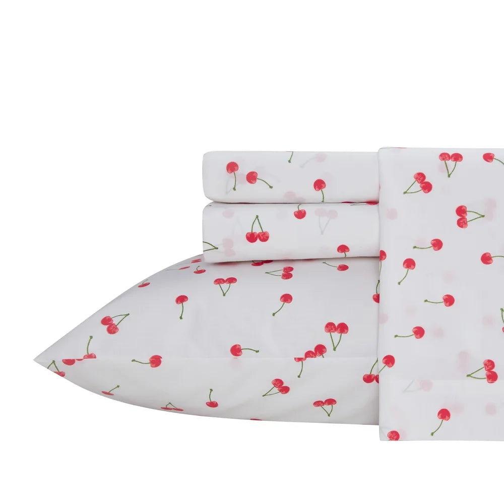 Cherries Cotton Percale Full Sheet Set Lightweight Breathable Fitted Flat Pillowcases Durable Elasticized Comfortable Bedding