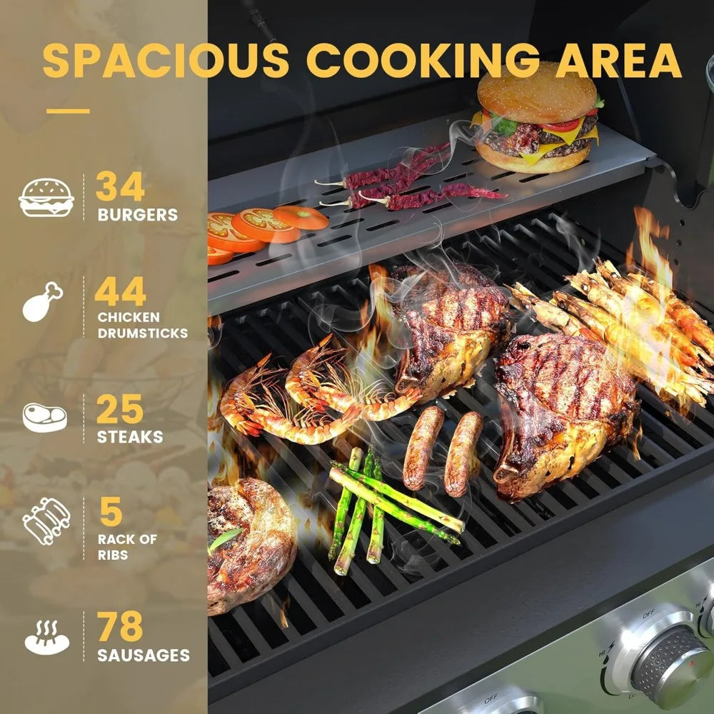 6 Burner Propane Gas BBQ Grill with Side Burner and Porcelain Enameled Cast Iron Grates 65500 BTU Output Stainless Steel Grill