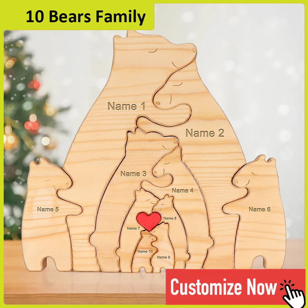 Personalized Custom Bear Family Wooden Puzzle DIY Free Engraving Name Sculpture Home Desk Decor Figurines Christmas Birthday Gift