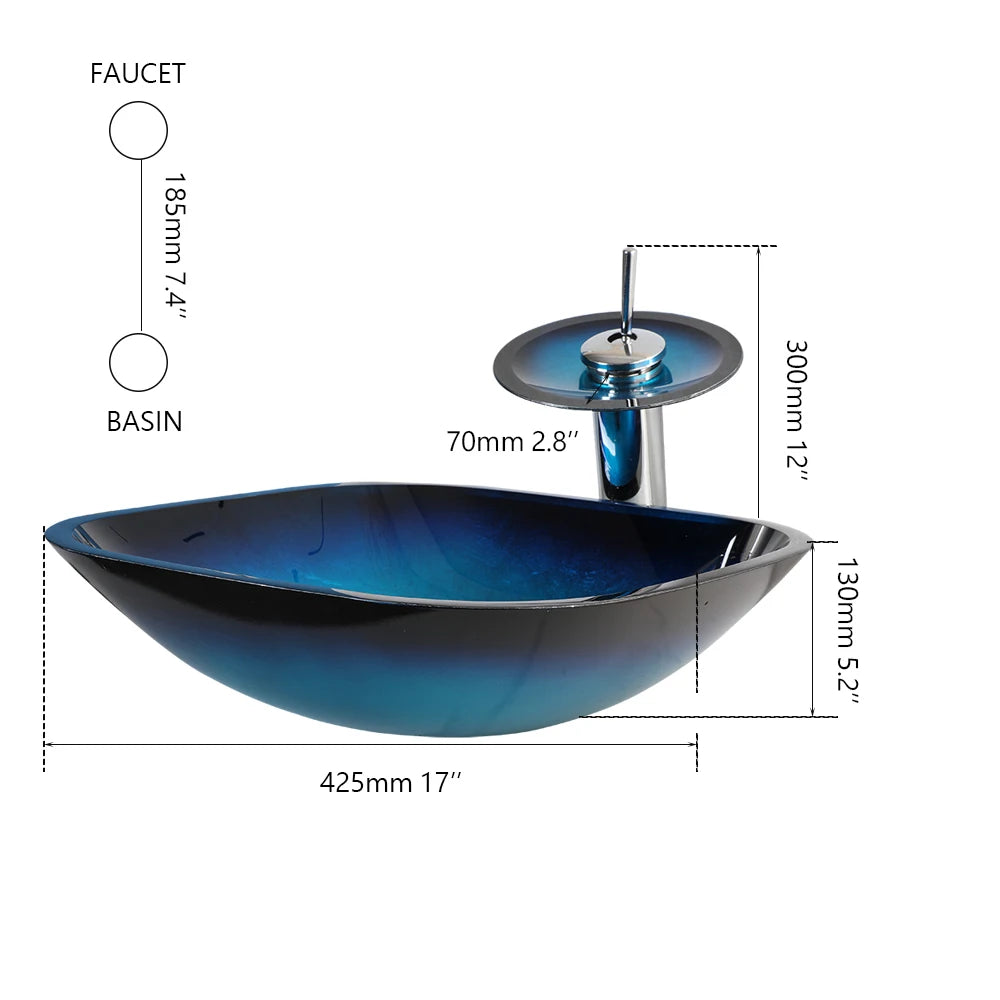 ZAPPO Tempered Glass Vessel Sink With Waterfall Faucet Blue