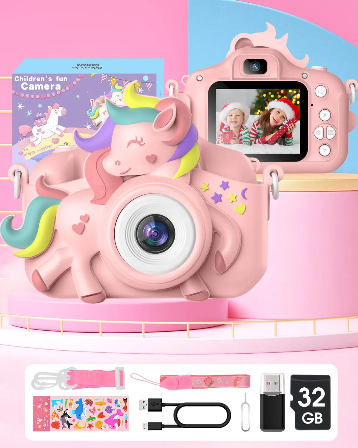 2 Inch Kids Camera 20MP 1080P HD Toddler Selfie Camera Cute Cartoon Digital Camera Toy With 32GB Card Gift For Girls And Boys