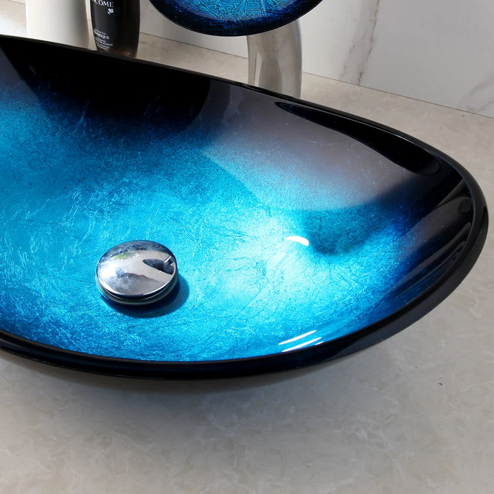 ZAPPO Tempered Glass Vessel Sink With Waterfall Faucet Blue