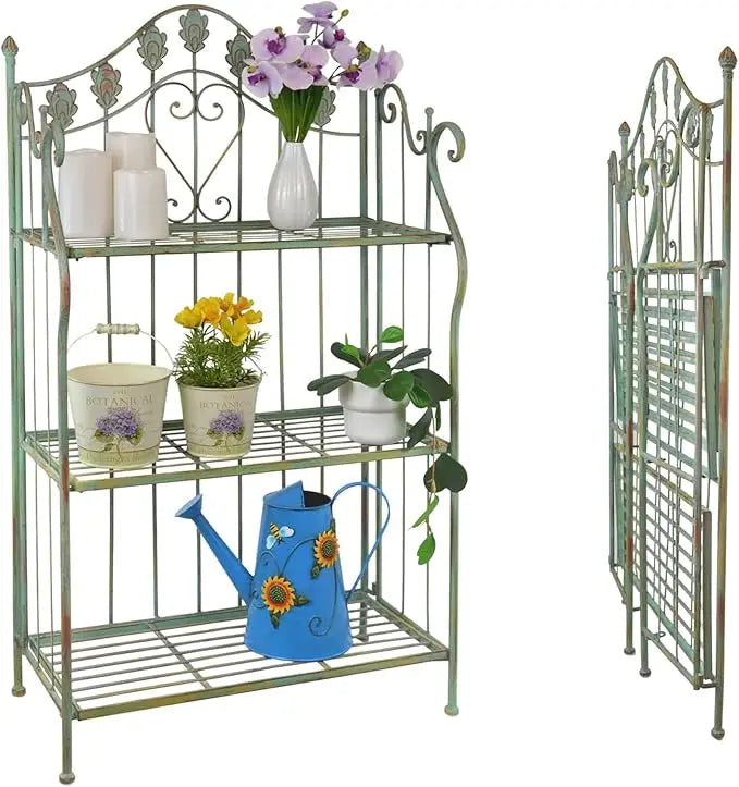 Zuiyu Pre-Assembled Folding Metal Shelf Plant Stand Shelving Unit Bookcase Outdoor Bakers Rack Scrolling Heart Peacock Tail Motif