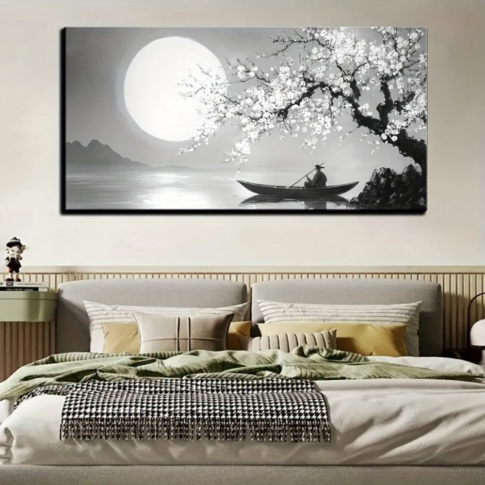 Framed Canvas Wall Decoration Paintings of Flowers Trees and Moon with 1.5 Inch Thick Pine Solid Wood Frame