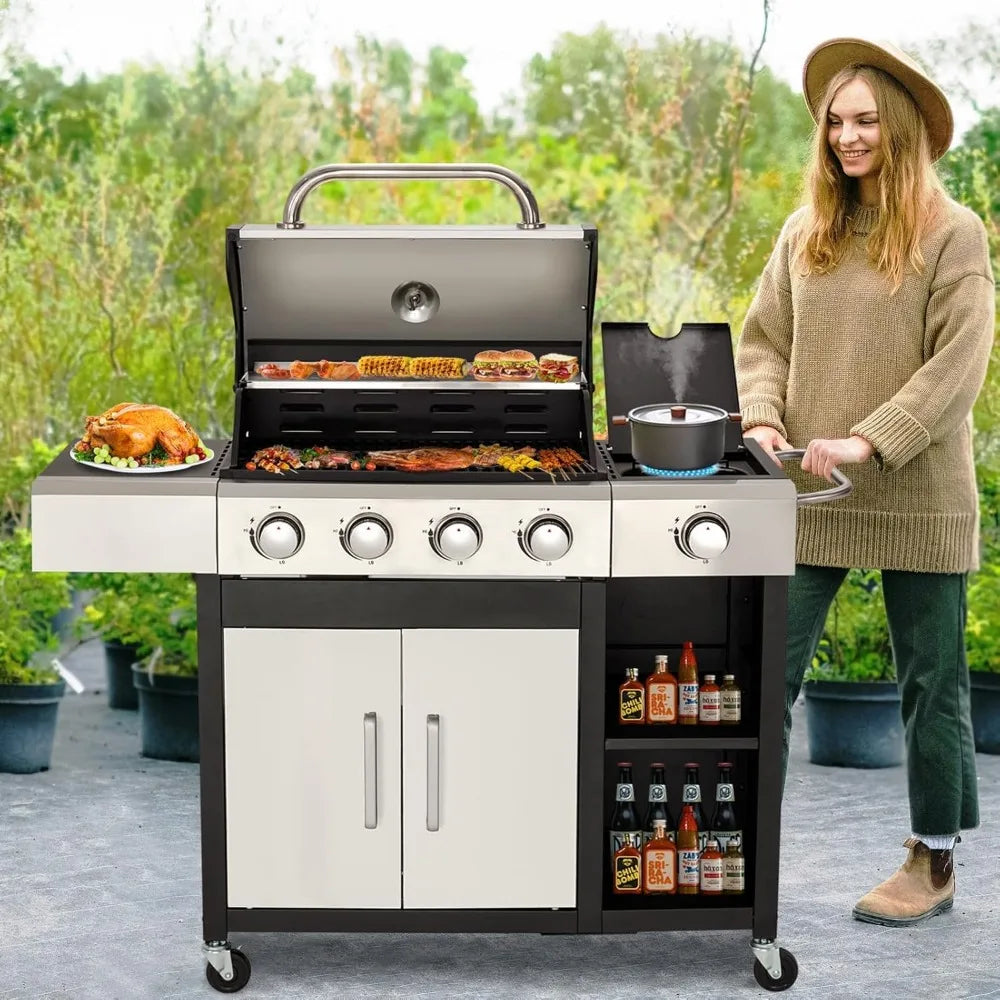 4 Burner Propane Gas Grill with Side Burner and Cabinet 49000 BTU Stainless Steel BBQ Grill Porcelain Enameled Cast Iron Grate
