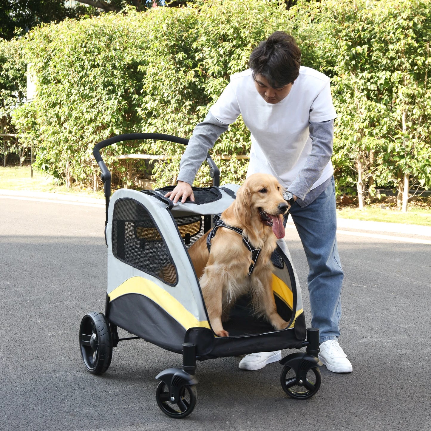Dog Stroller Ultra Large Four Wheels Pet Jogger Wagon Foldable Cart Travel Trolley Outdoor Animal Carrier Load Up to 55 Kilograms