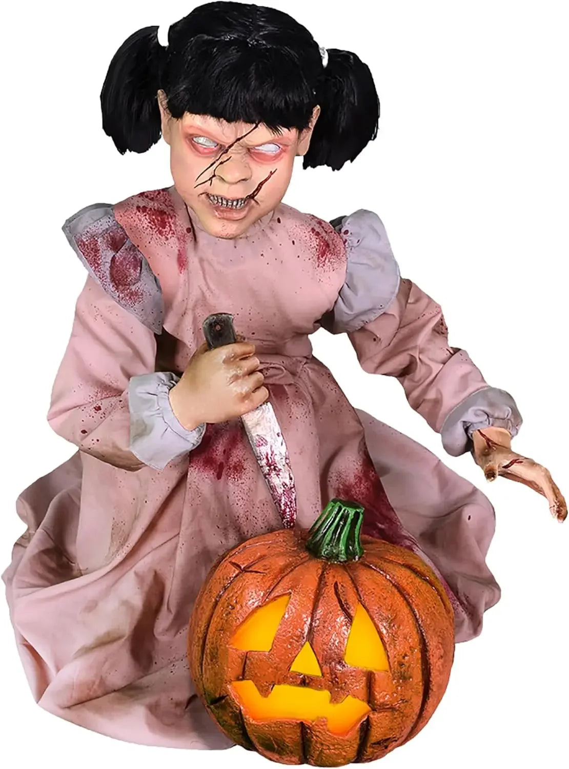 Lunging Pumpkin Carver Zombie Girl Motion Activated Talking Halloween Animatronic