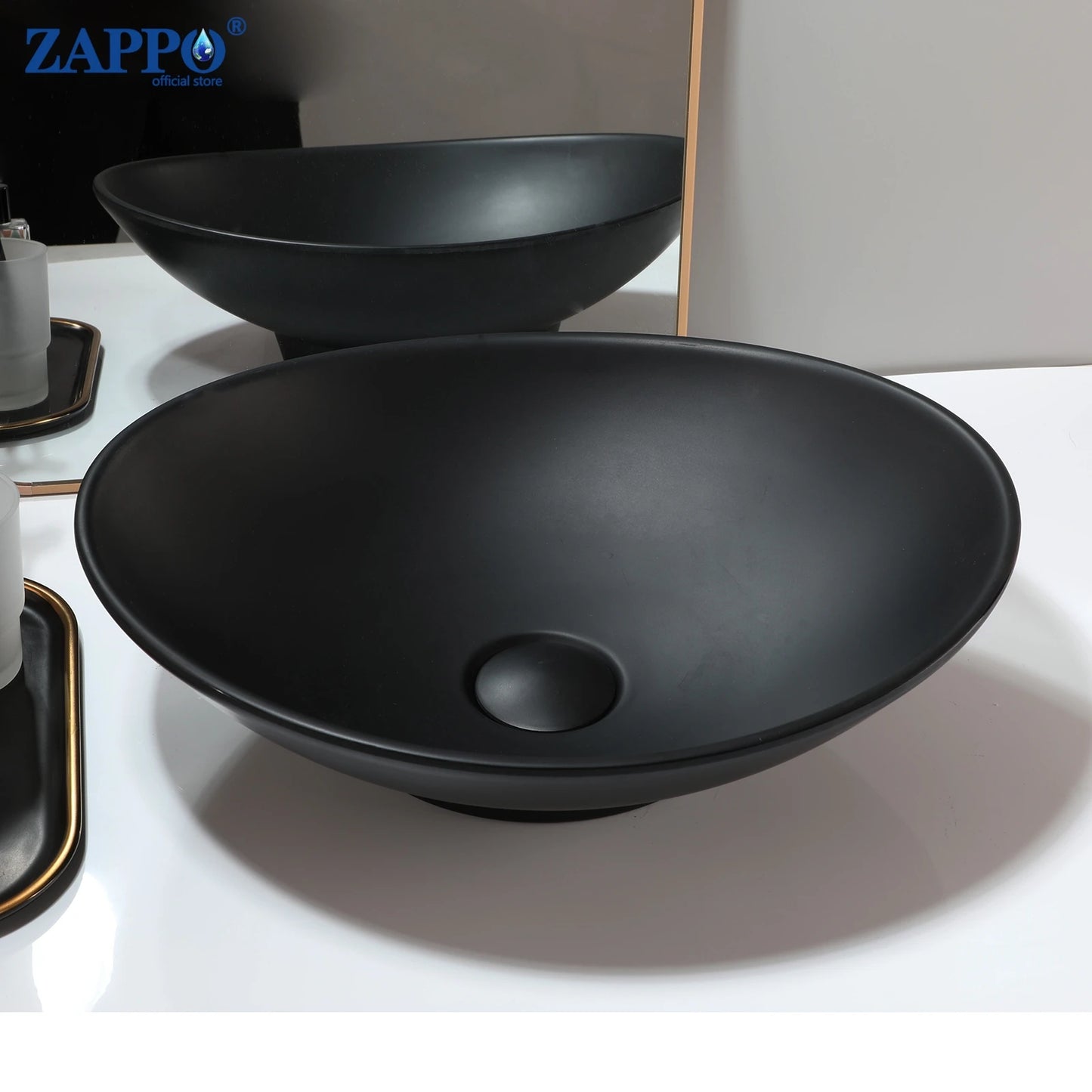 Zappo Black Stone Resin Oval Bathroom Vessel Sink Faucet