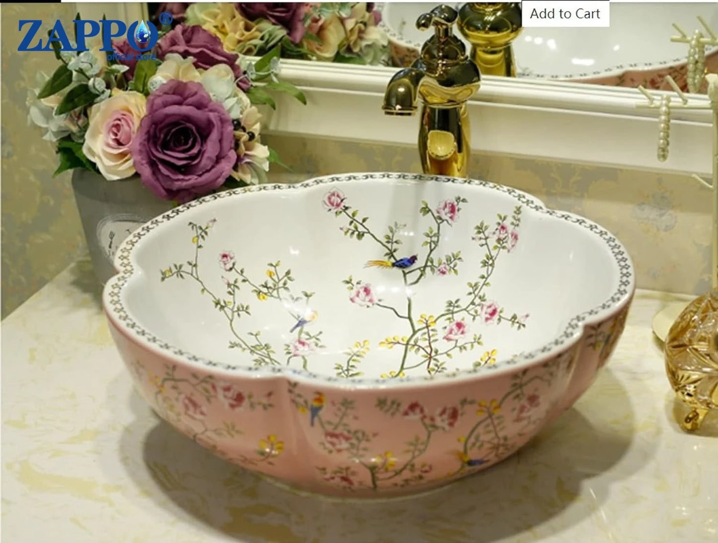 ZAPPO Ceramic Sink Above Counter Round Petal Pattern Faucet