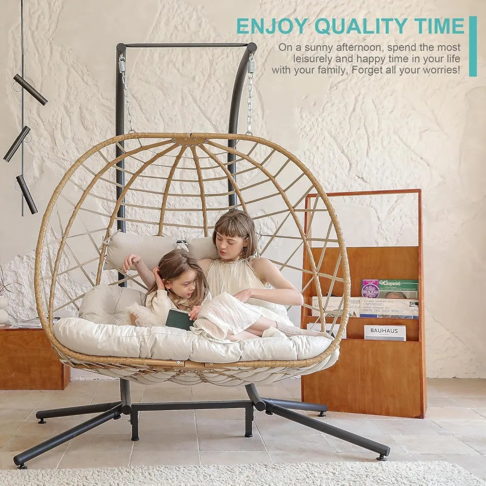 Double Egg Swing Chair With Stand 2-Person Hanging Hammock Chair With Cushion for Patio and Living Room 550 Lb Capacity